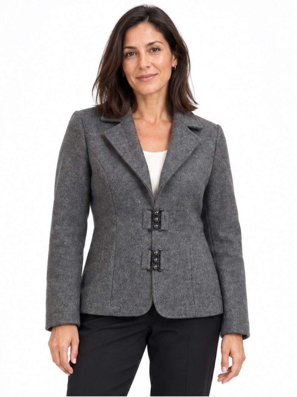 Lisa International Vintage 90s Boiled Wool Frog Closure Fitted Jacket S Grey